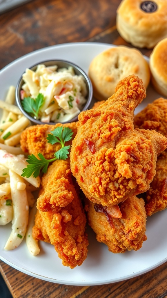 Crispy Juicy Fried Chicken Recipe Crispy fried chicken on a plate with coleslaw and biscuits, garnished with parsley.